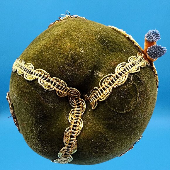 Vintage 1960s Spun Cotton Chenille Elf in Flocked Green Apple Ornament Japan - Picture 10 of 10